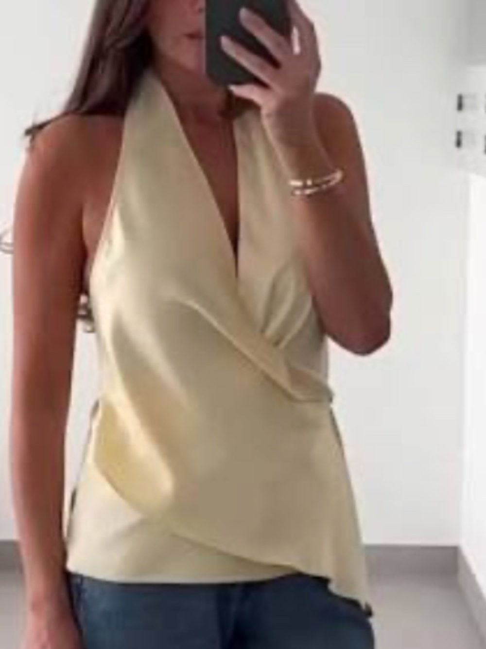 Zara Light Yellow Halter Draped Satin Top